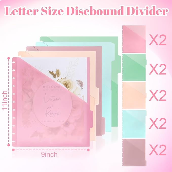 10 Pcs Letter Size Discbound Pocket Dividers Dividers with Tabs and Pockets Discbound Pocket Folders 8.5 x 11 DiscBound Binder Dividers Plastic Dividers with Tabs DiscBound Planner Supplies forOffice