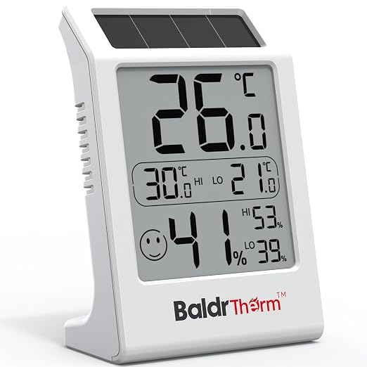 BaldrTherm Room Thermometer Indoor Humidity Meter, Solar-Powered 3.2'' Digital by BaldrTherm