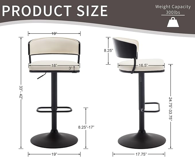 Adjustable Modern Bar Stools Set of 6 Faux Leather Barstools Swivel Counter Height Bar stools with Curved Back/Black Metal Base Comfy Upholstered Bar Chairs for Kitchen Island, Beige-DeskLoop Office