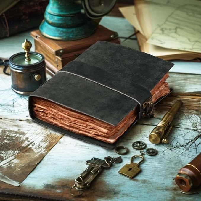 LEATHER VILLAGE Leather Bound Vintage Journal for Women & Men - Book of Shadows - Lock Closure - 200 Pages of Antique Deckle Edges Handmade Paper - Rustic Black Color - 10 X 7 inches
