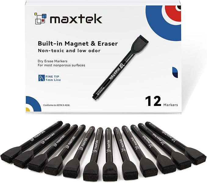 maxtek Magnetic Black Dry Erase Markers, Thin Markers Low Odor by Maxtek