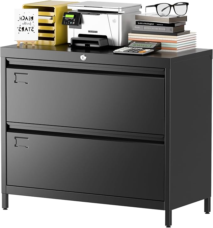 Metal 2 Drawer Lateral File Cabinet with Lock & Adjustable Feet - Wide Filing Cabinet for Letter/Legal/F4/A4 Hanging Files - Includes Business Card Holder,Home Office School Storage,Black-DeskLoop Office