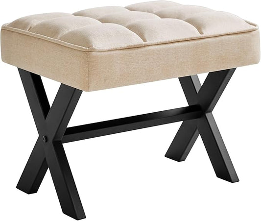 IBUYKE Small 12" H Footrest Stool, Square Linen Foot Stool with Metal X-Leg, Multi-Use as Small Side Table, Step Stool for Living Room, Bedroom, Entryway, Office, Linen WBD011Y-DeskLoop Office