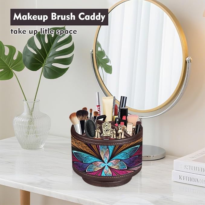 Rotating Pen Holder for Desk, Leather Pencil Pen Organizer Remote Control Holder Table Desktop Nightstand Organizer Caddy Storage, Office Desk Organizers And Accessories 5.5x5.5x4.0 Inch-DeskLoop Office