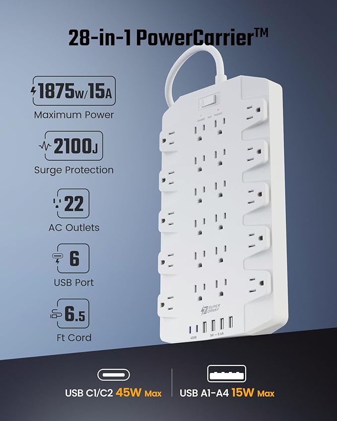 45W Power Strip Surge Protector with PD USB-C, SUPERDANNY 1875W/15A, 2100J, 6.5ft Flat Plug Mountable Extension Cord with 22 Outlet+6 USB Port, Fast Charging for Home,Office,Dorm,Gaming,PC,Streaming-DeskLoop Office