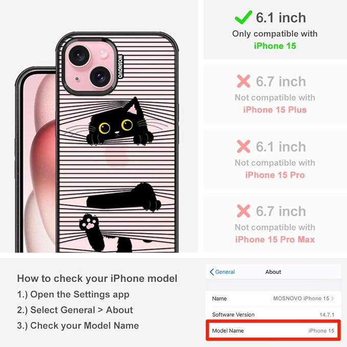 MOSNOVO Case for iPhone 15, [10ft 4X Military-Grade Drop Protection] Durable & Shockproof Phone Case Cover Design for iPhone 15 - Hidden Black Cat - Clear Black-DeskLoop Office