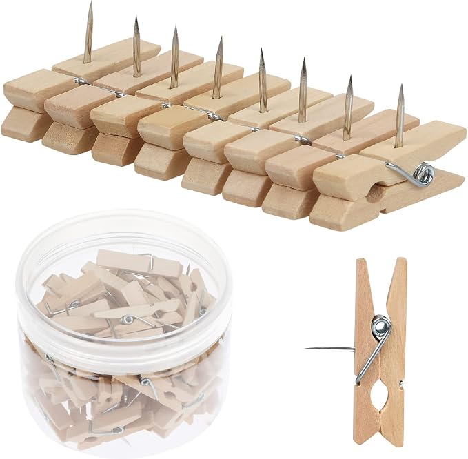 50 PCS Push Pin with Wooden Clips, Durable Wooden Push Pins, Decorative by Joyberg