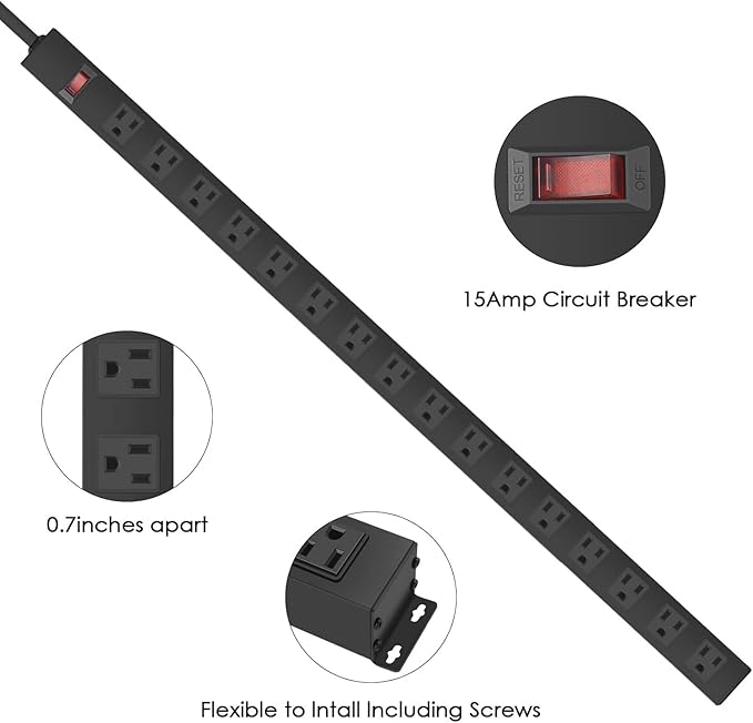 HHSOET 16-Outlet Metal Wall Mount Power Strip, 15 ft 14AWG Power Cord, 15A 125V 1875W, Black-DeskLoop Office