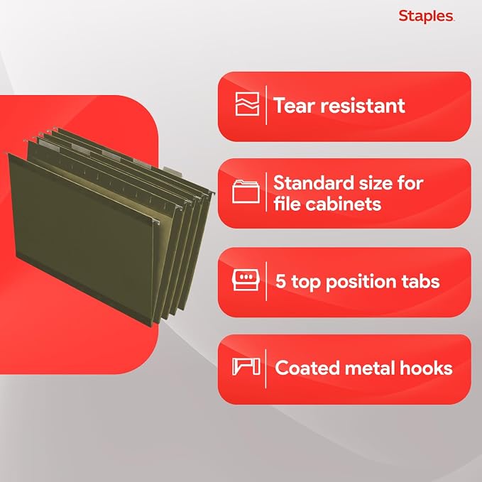 Staples Hanging File Folders, Letter Size, 1/5‑Cut Tabs, Standard Green - Image 4