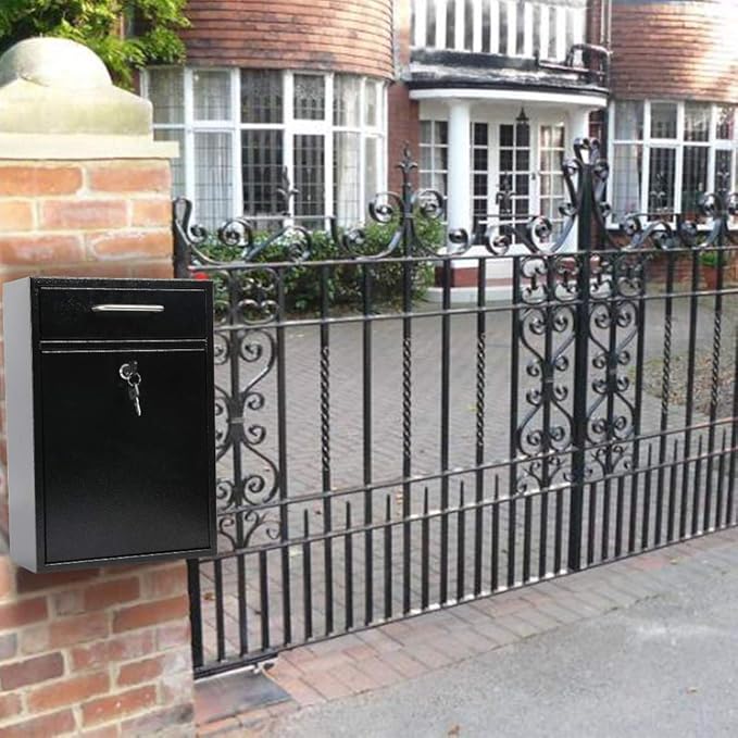 KYODOLED Steel Key Lock Mail Boxes Outdoor, Locking Wall Mount Mailbox, Security Lock Drop Box, Collection Boxes,16.2H x 11.22L x 4.72W Inches, Black X Large-DeskLoop Office