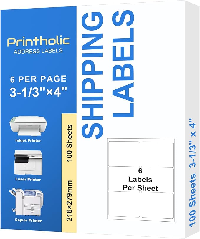 600 6 Per Sheet Label Address Labels 3-1/3" x 4" Self Adhesive Sheets Shipping Labels Easy Peel & Feed White Stickers for Laser & Inkjet Printers (100 Sheets, 600 Labels)-DeskLoop Office