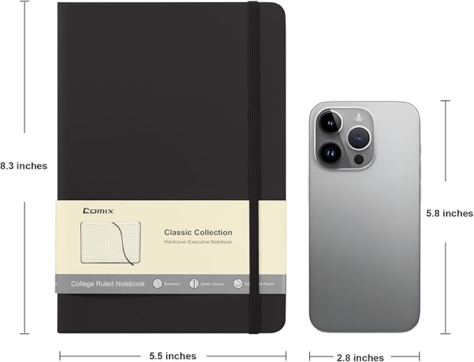 Comix 6 Pack Lined Journal Notebooks for Work, 240 Pages, 5.5"x8.3", Black, Hardcover, A5 Medium College Ruled, Journaling Notebooks for Notes-taking, Fits for Office School Home-DeskLoop Office