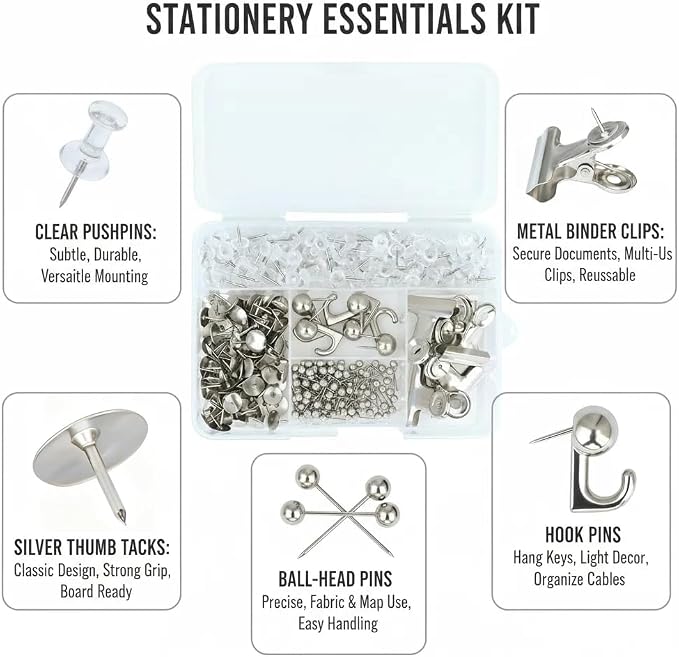 310 Pcs Silver Push Pins Set, 5-Style Decorative Thumb Tacks - Image 3