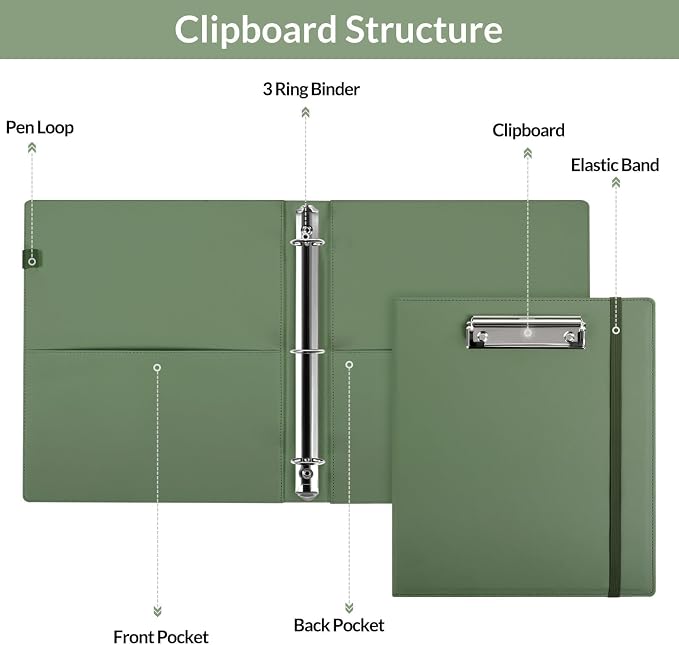 SKYDUE 3 Ring Binder with Clipboard, 13.2" × 10.2" Faux Leather 1 Inch Binder - Image 5