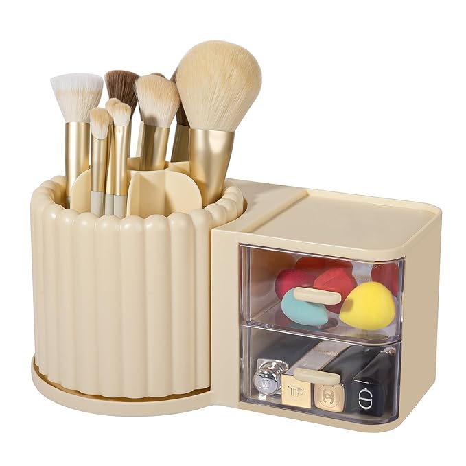 Anyoifax 360 Rotating Makeup Brush Holder 7 Slots Makeup Organizer with Drawer Removable Spinning Cosmetic Storage Pen Holder for Vanity, Dresser, Desk, Beige-DeskLoop Office