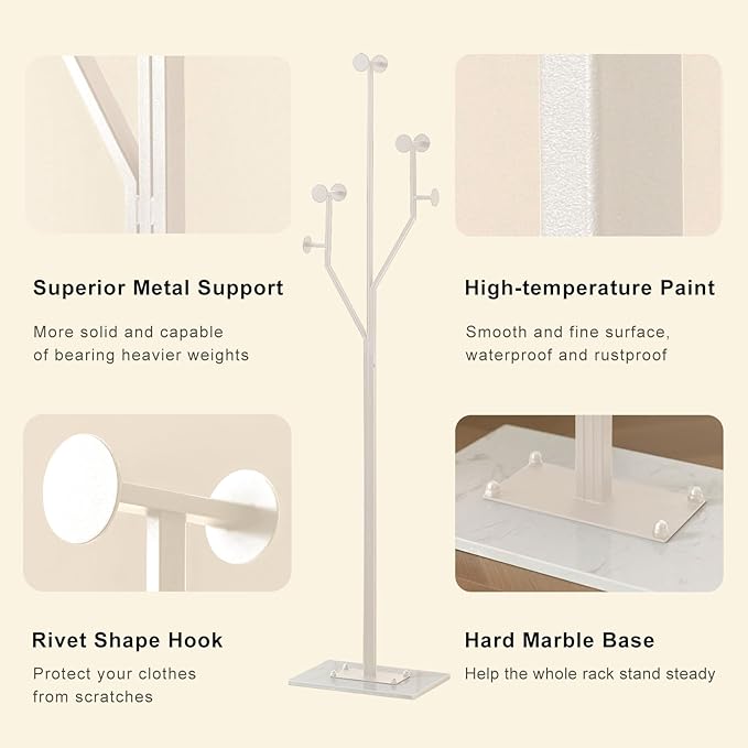 Heavy Duty Coat Rack Tree-shaped Metal Freestanding Coat Tree with Sturdy Marble Base Corner Coat Rack for Bedroom Entryway Hallway 14.96 x 10.24 x 68.9 Inches (White)-DeskLoop Office