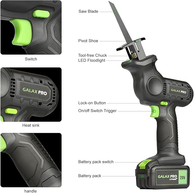 GALAX PRO 20V Cordless Reciprocating Saw, 0-3000RPM Variable Speed Power Reciprocating with 4.0Ah Battery, 2pcs Wood Blades & 1pcs Metal Blade-DeskLoop Office