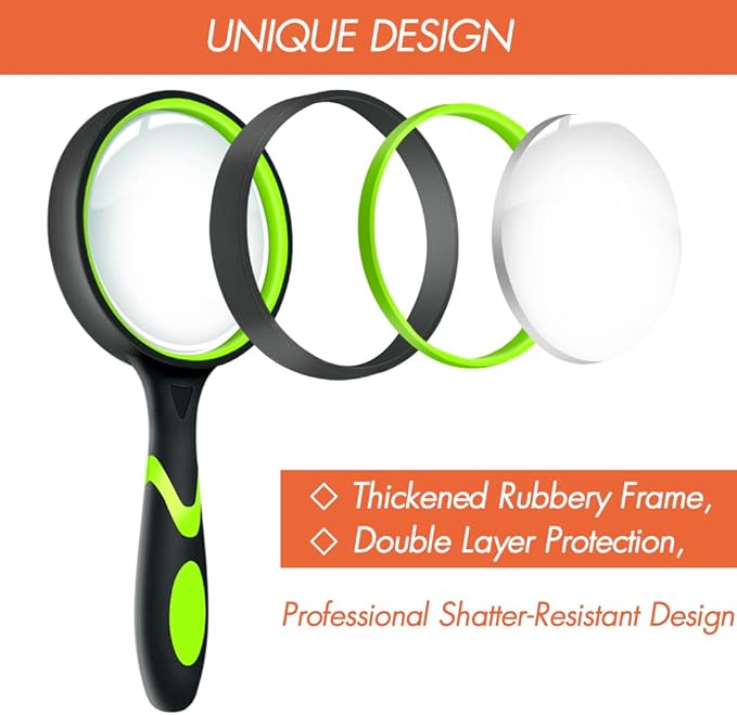 Leffis 3 Pack Magnifying Glass, 10X Non-Slip Handheld Reading Magnifier for Kids and Seniors, 75mm Magnifying Glass Lens for Reading, Classroom Science, and Nature Exploration