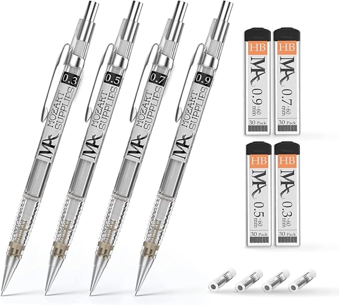 MozArt Mechanical Pencil Set 4 Sizes 0.3 0.5 0.7 0.9mm HB Lead Clear | 30 HB by MozArtSupplies