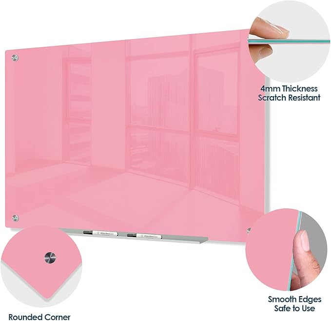 J&J worldwide Magnetic Glass Whiteboard, Wall Mounted Glass Dry Erase Board 47 x 35 Inch, Pink Surface, Frameless with Markers, Magnets, Marker Tray, Eraser for Office, Home, School-DeskLoop Office