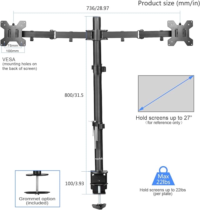 Suptek Dual Monitor Desk Mount, Adjustable Dual Monitor Arm for 2 Computer Screens up to 27 inch, Extra Tall 31.5" Pole Dual Monitor Stand for Desk, Holds up to 22 lbs(MD6842)-DeskLoop Office
