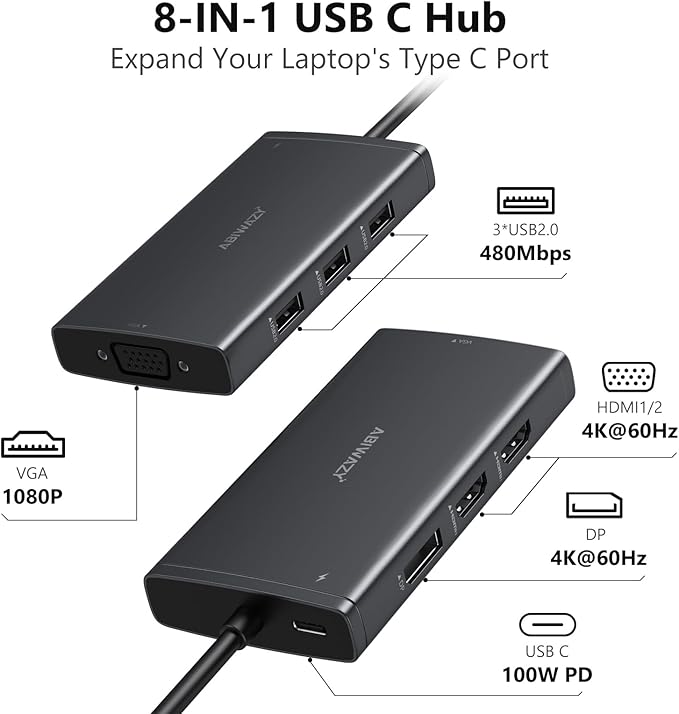 ABIWAZY USB C Docking Station Dual Monitor for HP Dell Lenovo Thinkpad Surface, 8 in 1 Computer Multiple Monitor Hub Adapter to Dual 4K HDMI,DisplayPort,VGA, 00W PD,3 USB for Windows Laptops(Black)-DeskLoop Office