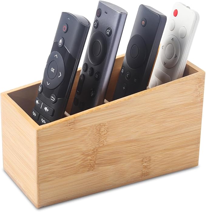 Bamboo Wood Pens Pencils Holder Cup for Desk Remote Control Holder, Caddy,Organizer,Desktop Storage with 4 Compartments,Multiuse for Store TV Remotes,Game Console,Phones,Office Supplies (4 Grid)-DeskLoop Office
