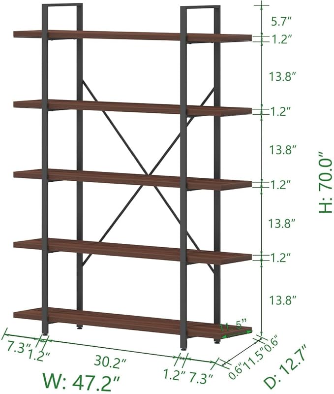 HSH Walnut 5 Tier Bookshelf, Tall Bookcases and Book Shelves 5 Shelf, Large Industrial Metal Wood Display Book Shelf Storage Rack, Rustic Open Bookcase Bookshelves for Bedroom Living Room Office-DeskLoop Office