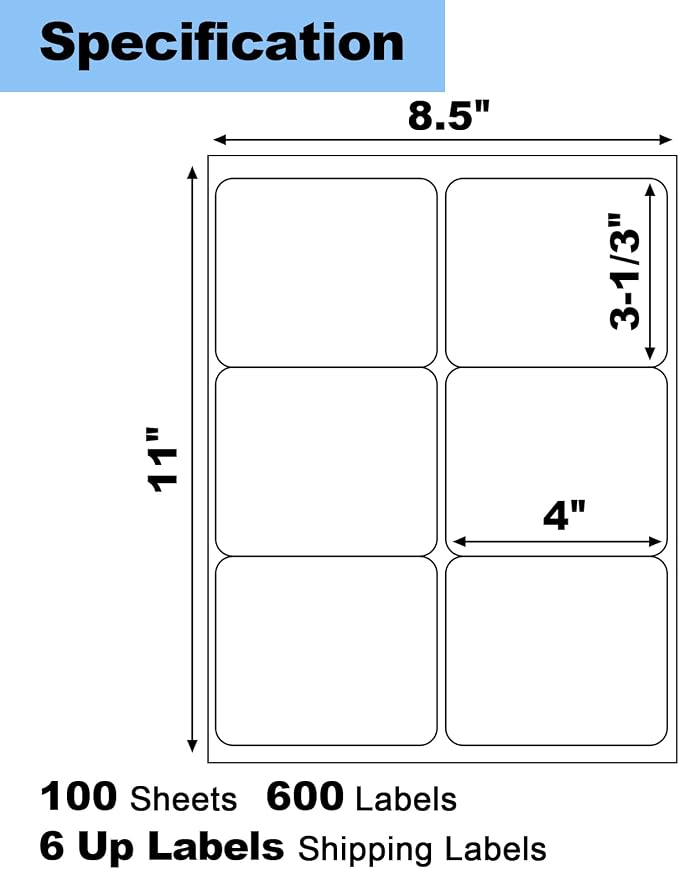 600 Pcs 6 Up Labels, 100 Sheets 6 Labels per Page Sheets Blank Mailing Labels - Image 2