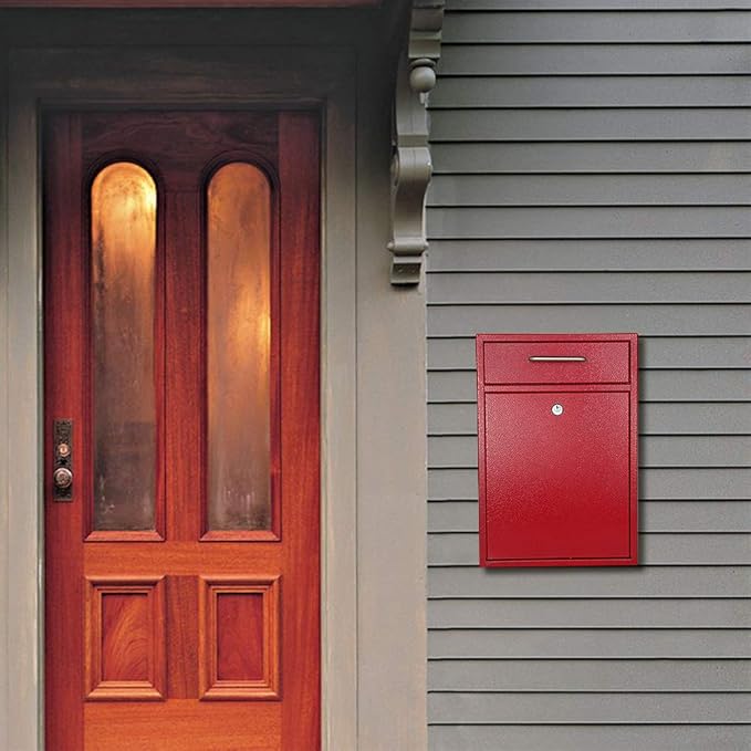 KYODOLED Steel Key Lock Mail Boxes Outdoor, Locking Wall Mount Mailbox, Security Key Drop Box, Collection Boxes,16.2H x 11.22L x 4.72W Inches, Red X Large-DeskLoop Office