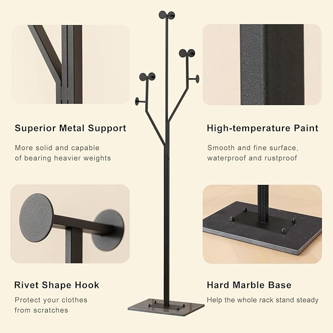 Freestanding Coat Rack Tree-shaped Metal Coat Tree with Heavy Duty Marble Base Corner Clothing Rack for Bedroom Entryway Hallway 14.96 x 10.24 x 68.9 Inches (Black)-DeskLoop Office