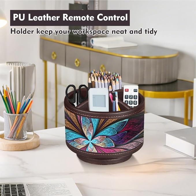 Rotating Pen Holder for Desk, Leather Pencil Pen Organizer Remote Control Holder Table Desktop Nightstand Organizer Caddy Storage, Office Desk Organizers And Accessories 5.5x5.5x4.0 Inch-DeskLoop Office