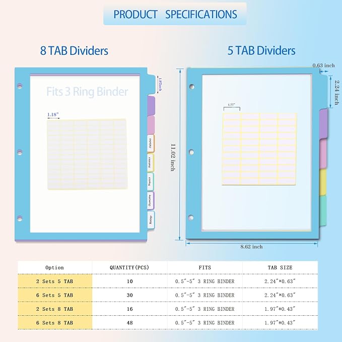 XUCHUN Binder Dividers, 5 Tab Dividers Clear Plastic Subject dividers - Image 7