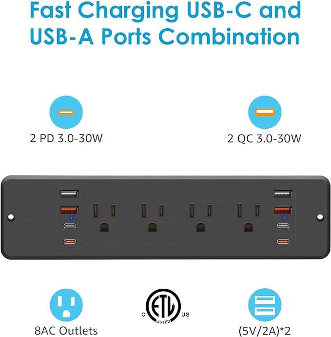 HHSOET 8 Outlet Recessed Power Strip, 30W Fast Charging Furniture Power Outlet USB C, Flush Mount Surge Protection Socket with 4 USB-A and 4 USB-C, 6ft Power Cord. (Black)-DeskLoop Office