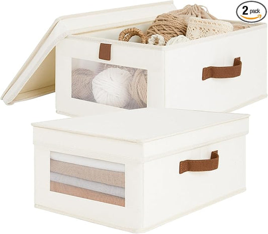 Fabric Storage Bins with Lids, Collapsible Closet Organizer with Sturdy Handles, Clear View Window, Stackable Storage Baskets for Clothes, Towels, Books, Hand Pull Closet Organizer Boxes-2-Pack, Beige-DeskLoop Office