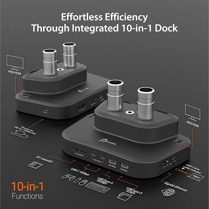 j5create Dual Monitor Mount with 10-in-1 Docking Station, Fully Adjustable Monitor Desk Stand for 2 Screens up to 32 inch, Conveniently Set Optimal Angle and Maximize Productivity (JTSA302)-DeskLoop Office