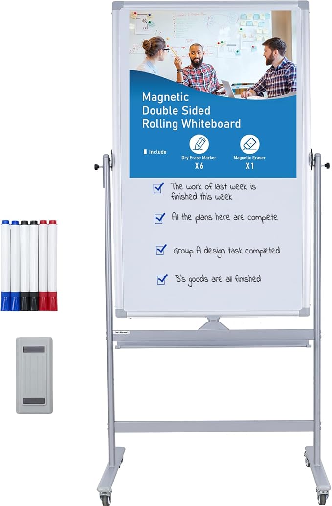 40" x 28" Double-Sided Mobile Whiteboard with Wheels | Rolling Magnetic Dry Erase Board on Stand | Adjustable Height Silver Frame White Board for Office, Classroom & Home-DeskLoop Office