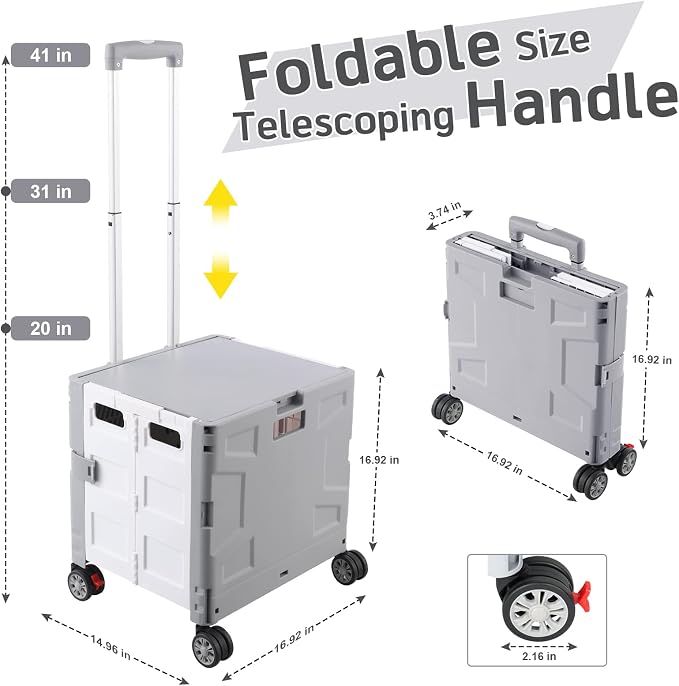 FELICON Folding Utility Cart Rolling Crate Handcart Basket Tote-Gray+White | - Image 3