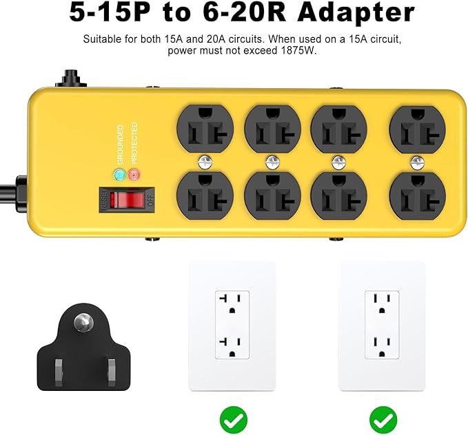 HEZI 20A Power Strip Surge Protector Durable Metal 8-Outlet with Heavy Duty 20 Amp Extension Cord,12 Gauge for Garage,Workshop & Industrial Use with 6-20R T-Slot Outlets,4800J(Yellow,6FT)-DeskLoop Office