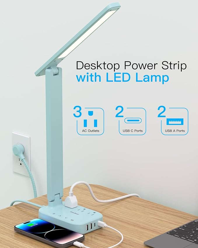 One Beat LED Small Desk Lamp Power Strip 5ft Extension Cord, 3 Outlets - Image 2