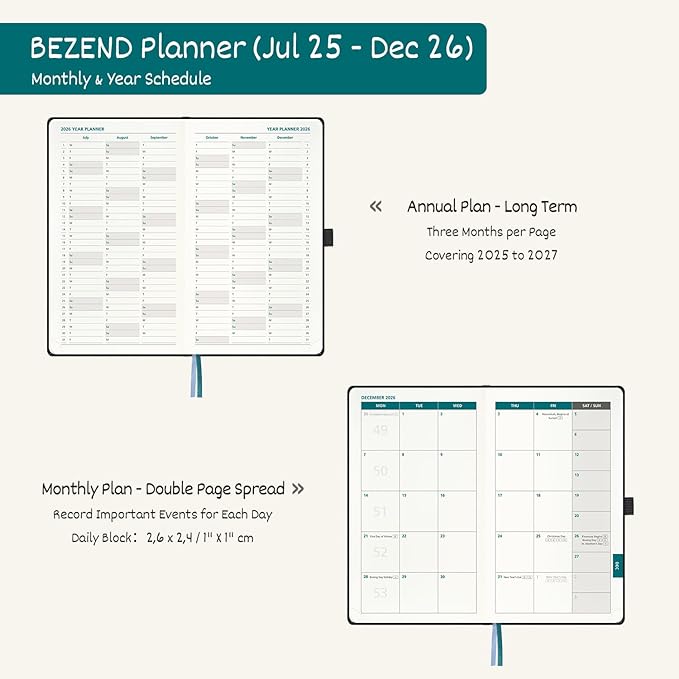 BEZEND Pocket Planner 2025-2026 Weekly with 2 Columns, 18-Month Academic Calendar (Jul 25-Dec 26), Life Work Appointment, Storage Pocket, Pen Holder, PU Leather Hardcover 3.5" x 6" - Mustard-DeskLoop Office