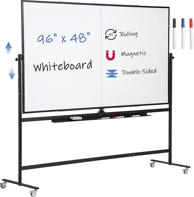 Large Magnetic Mobile Whiteboard 96"x48", Rolling Double Sided Stand Whiteboard on Wheels, Reversible Adjustable Height/Angle Dry Erase Board 8' x 4' Easel White Board for Office Classroom, Black-DeskLoop Office