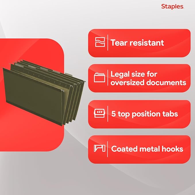 Staples Hanging File Folders, Legal Size, 1/5‑Cut Tabs, Standard Green - Image 4