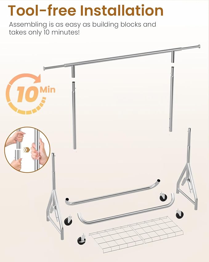Heavy Duty Clothing Rack, Metal Clothes Rack Load 450 LBS, Rolling Coat Racks for Hanging Clothes with Lockable Wheels, Wardrobe Closet Garment Racks for Bedroom, Silver-DeskLoop Office