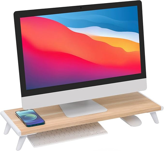 loukin Monitor Stand Riser for Desk, 22.4" x 8.3" Larger Computer Stand for Laptop, PC, Printer, Sturdy Desktop Computer Shelf with Non-Skid Rubber, Home Office, Natural Wood-DeskLoop Office