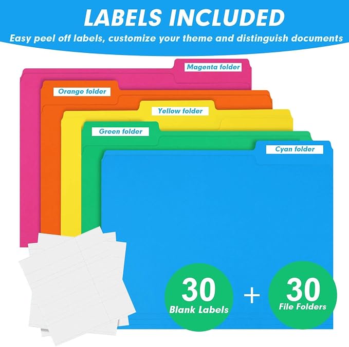 File Folder, RAZCC 30 Pack 1/3 Cut Tab Colored File Folders, File Folder Letter - Image 4