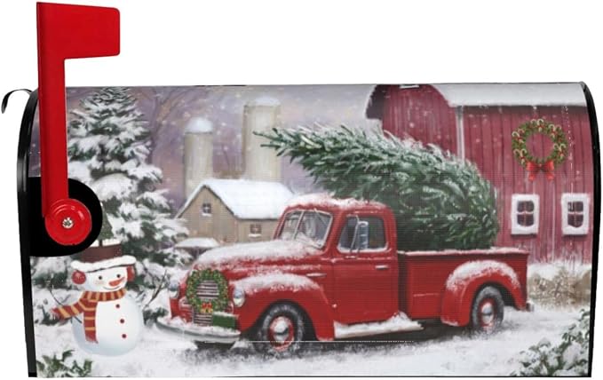 Winter Red Truck Christmas Tree Mailbox Cover, Cute Snowman Magnetic Mailbox by Yomane