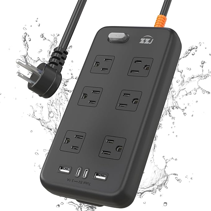 Power Strip Weatherproof, 10-in-1 Surge Protector with 6 Wide Outlets 2USB A and 2USB C,1875W/15A, 6FT Flat Plug Multi-Plug Outdoor Extension Cord for Indoor Outdoor, UL FCC Listed-DeskLoop Office