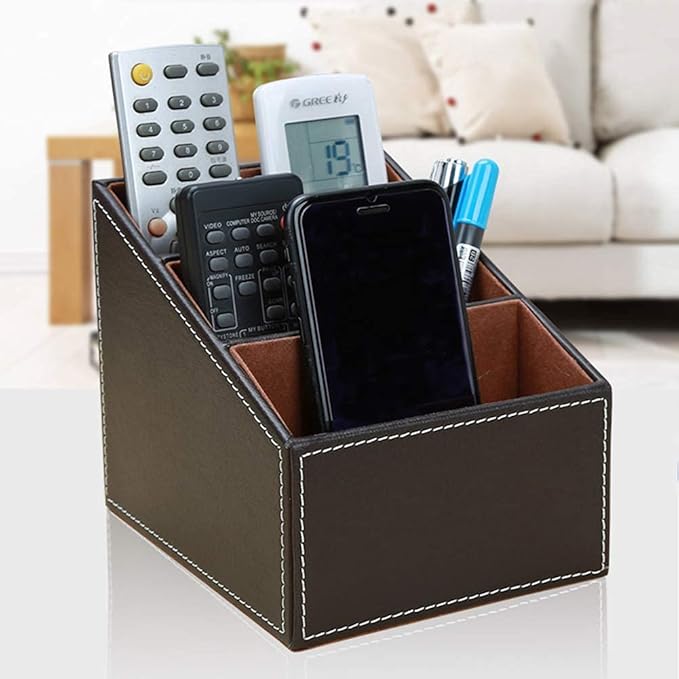 KINGFOM Remote Control Holder with 3 Compartments, Pu Leather Remote Caddy Desktop Organizer for TV, CD, Blu-Ray, Media Player, Heater Controllers and Cosmetics Office Supplies(Brown)-DeskLoop Office