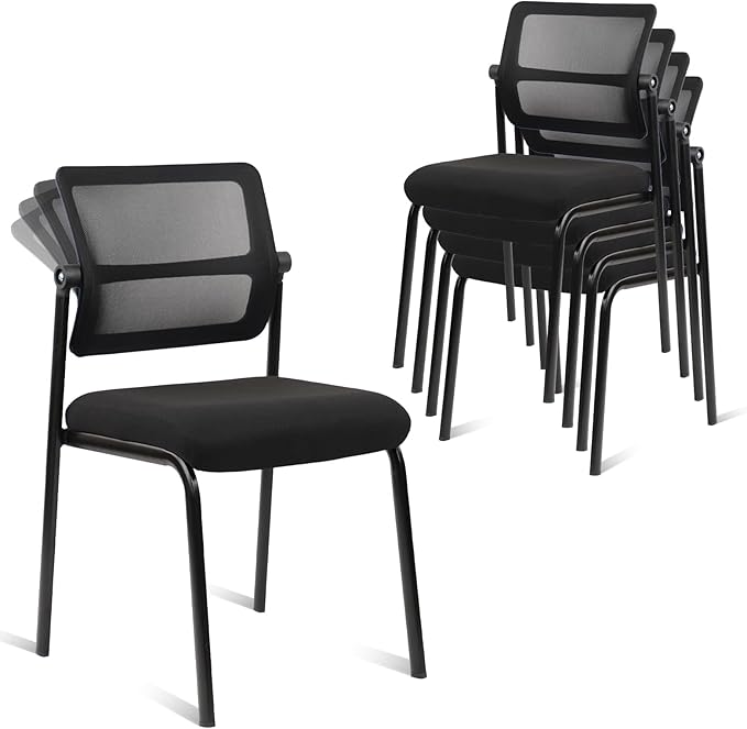 CLATINA Stacking Armless Office Waiting Room Chair with Adjustable Backrest, Stackable Mesh Guest Reception Desk Chairs with Ergonomic Lumbar Support for Conference Lobby Side School, Black, 4 Pack-DeskLoop Office